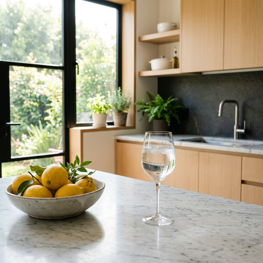 A modern, minimalist kitchen featuring a sleek glass of crystal-clear water sitting on a marble countertop next to a bowl of fresh lemons, soft natural sunlight streaming through a window.