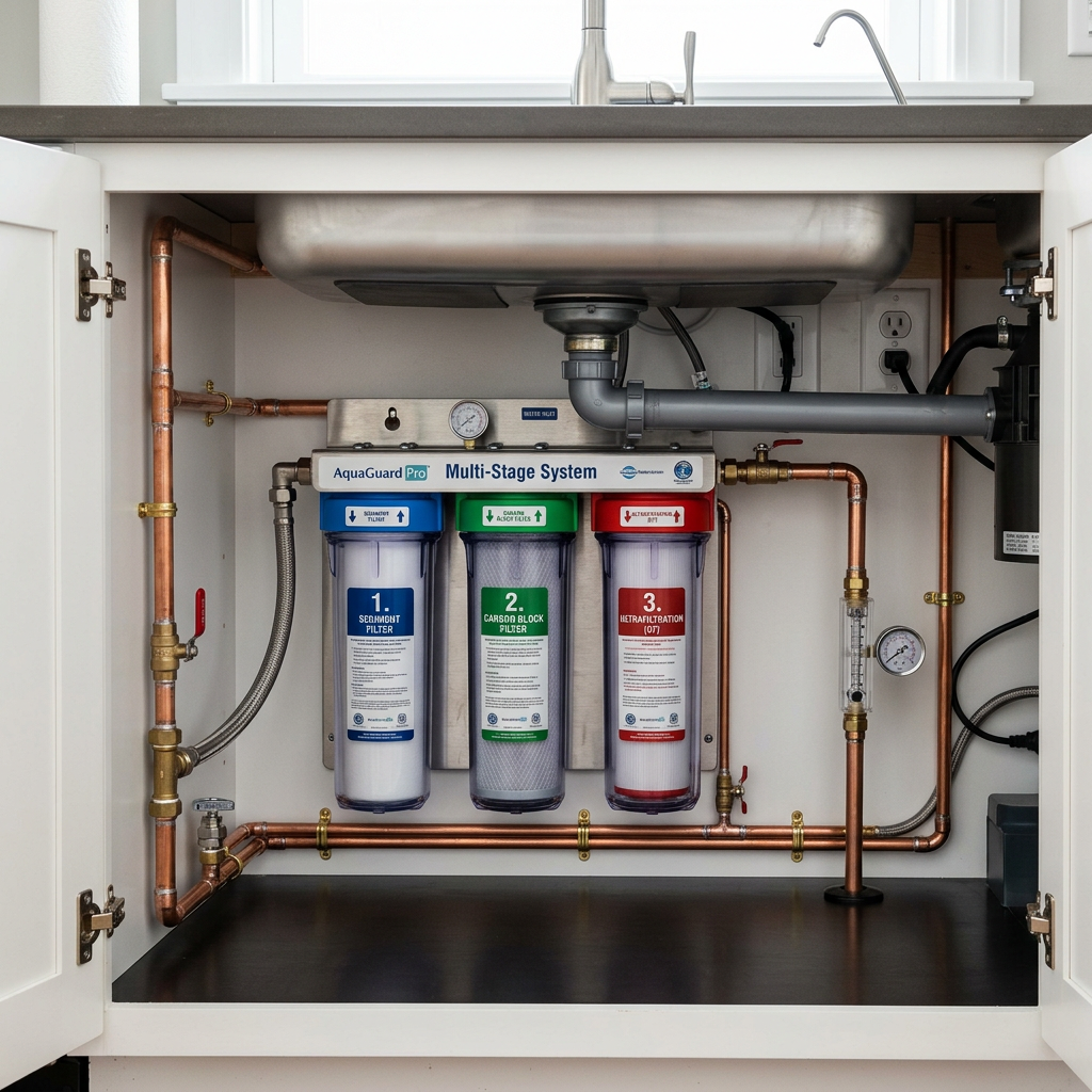 A high-tech water filtration system installed neatly under a kitchen sink, showing multi-stage canisters and clean copper piping, professional and organized.