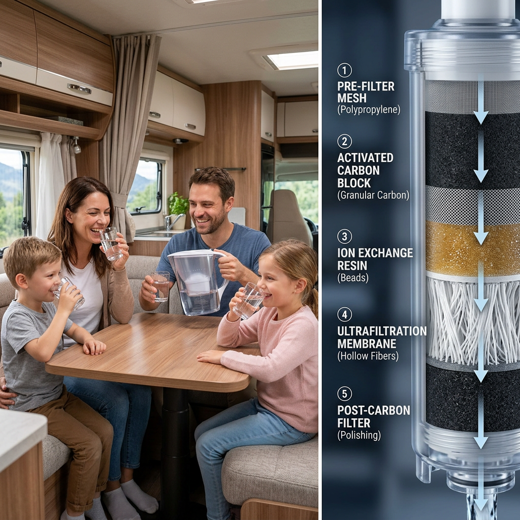 A split-screen image: on one side, a family drinking clean water in an RV; on the other, a close-up of the high-tech filtration layers of a water filter.
