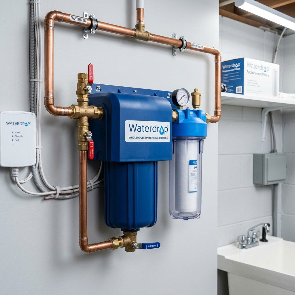 Close-up of a sleek, blue Water Filter whole house water filter installed in a modern, clean utility room, professional lighting