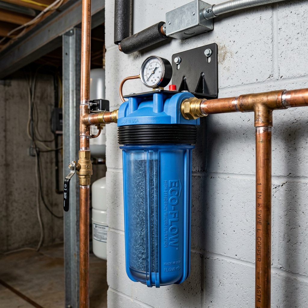 Close-up of a high-end blue water filtration canister installed on a copper pipe in a modern basement, studio lighting, industrial aesthetic
