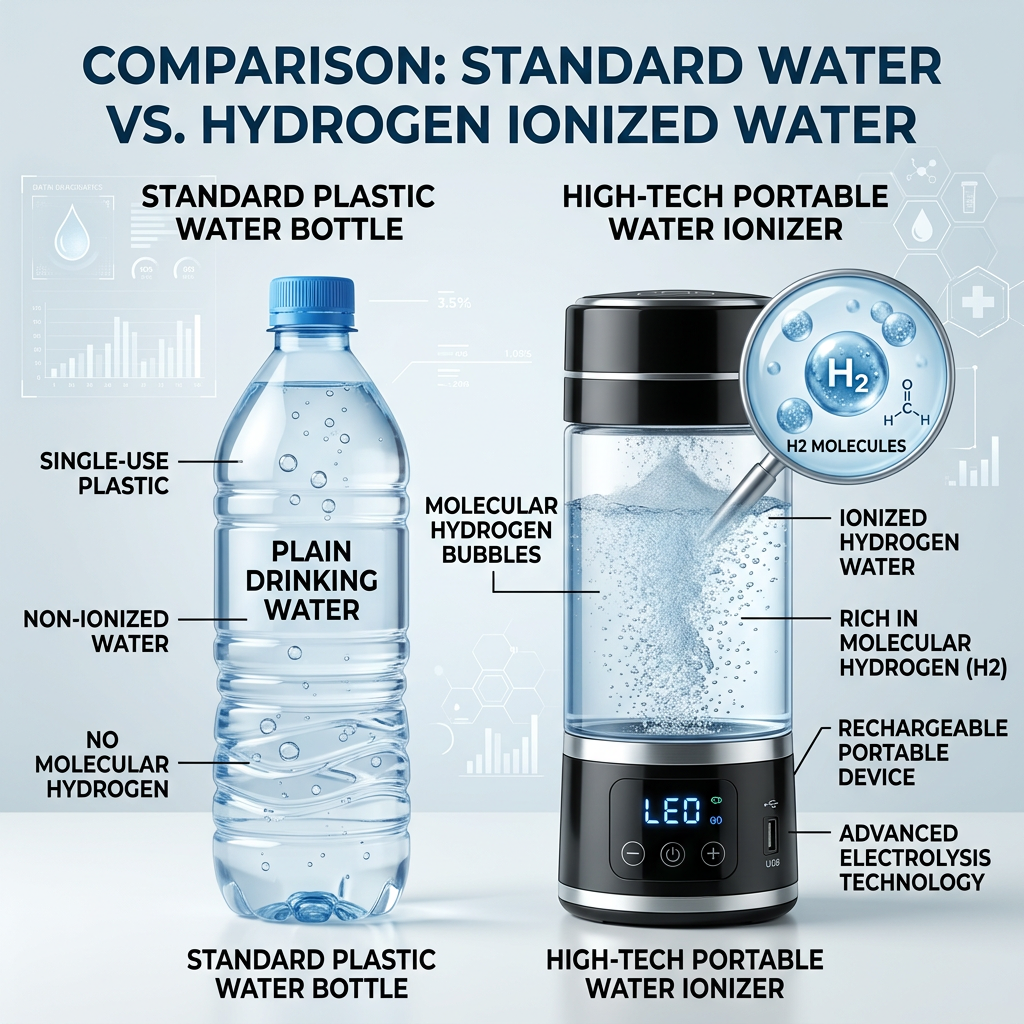 A side-by-side comparison infographic style photo showing a standard plastic water bottle next to a high-tech portable water ionizer machine, highlighting the molecular hydrogen bubbles