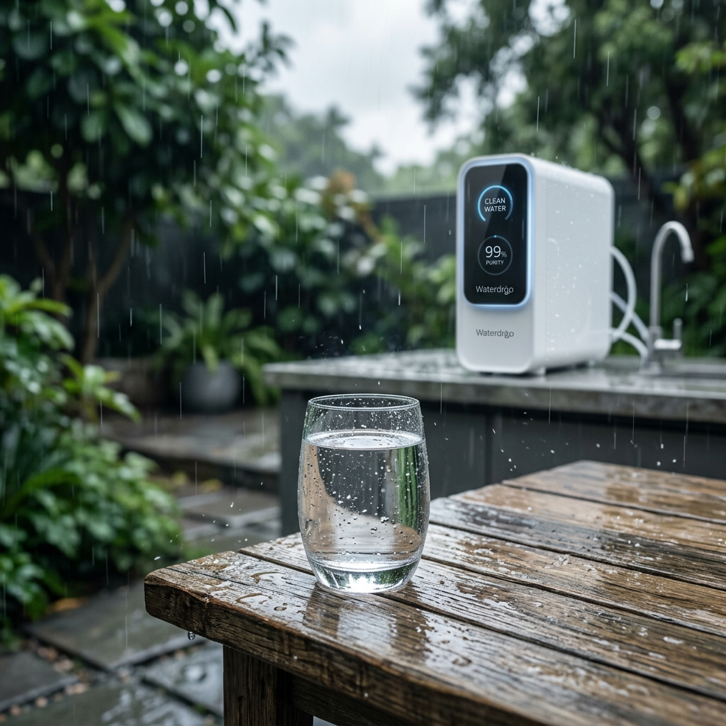 A cinematic shot of a modern glass of crystal clear water standing on a wooden table outdoors during a light rain shower, with a high-tech Water Filter filtration system blurred in the background, 8k resolution, professional lighting