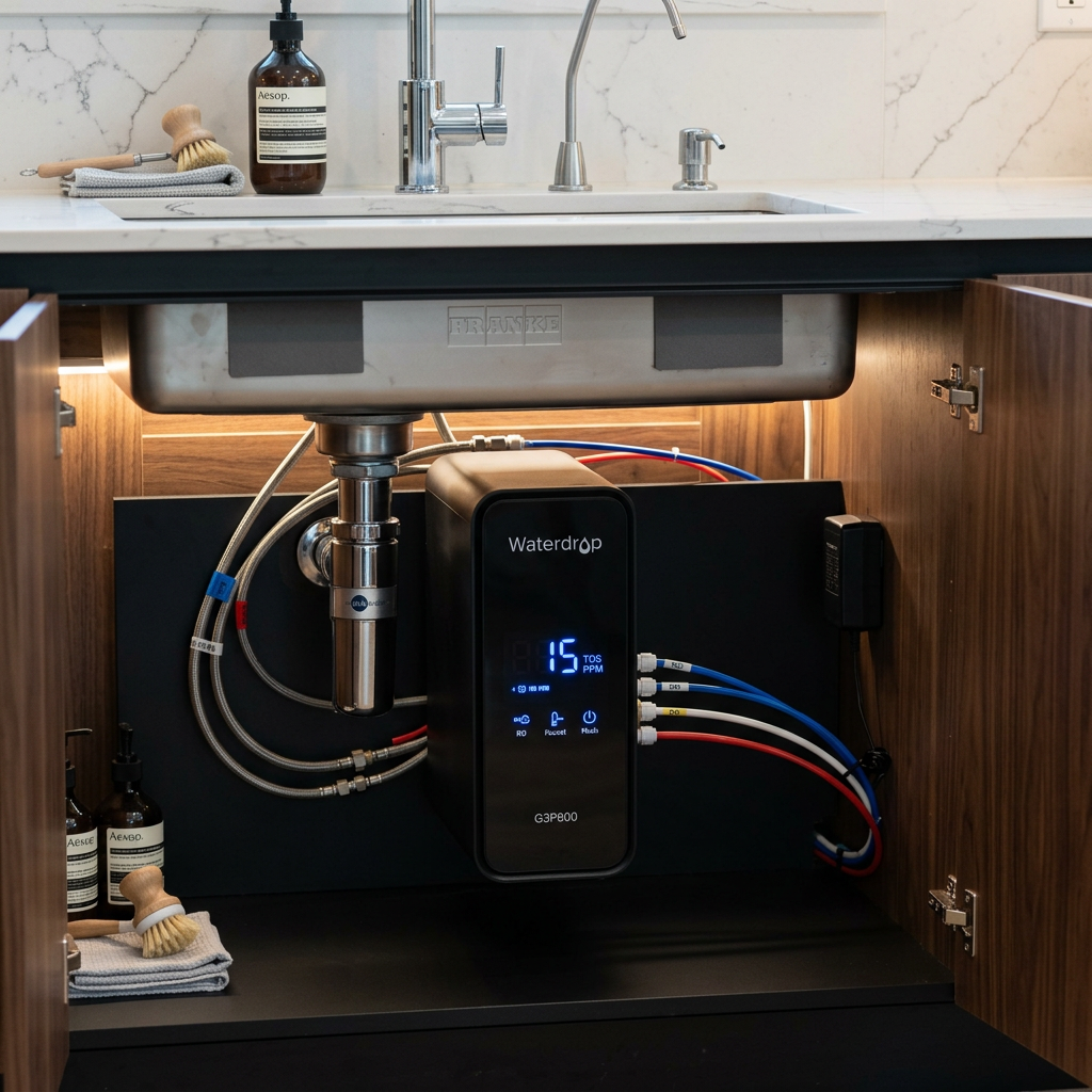 Close-up of a sleek, black Water Filter G3P800 Reverse Osmosis system under a modern kitchen sink, showing the digital TDS display glowing blue, high-end interior design style