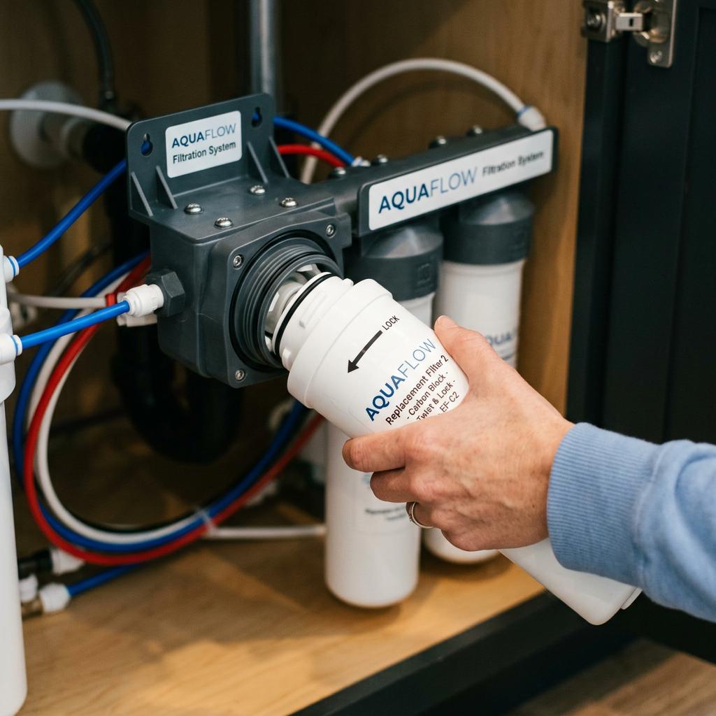 A close-up shot of a person easily twisting a replacement filter cartridge into a water system, demonstrating simple maintenance and user-friendly design.