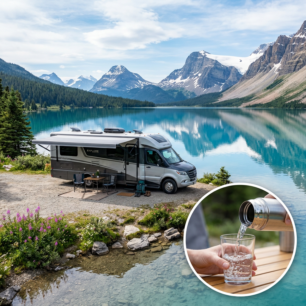 A high-end RV parked next to a scenic mountain lake, with a close-up inset of crystal clear water pouring into a glass, symbolizing purity and adventure.