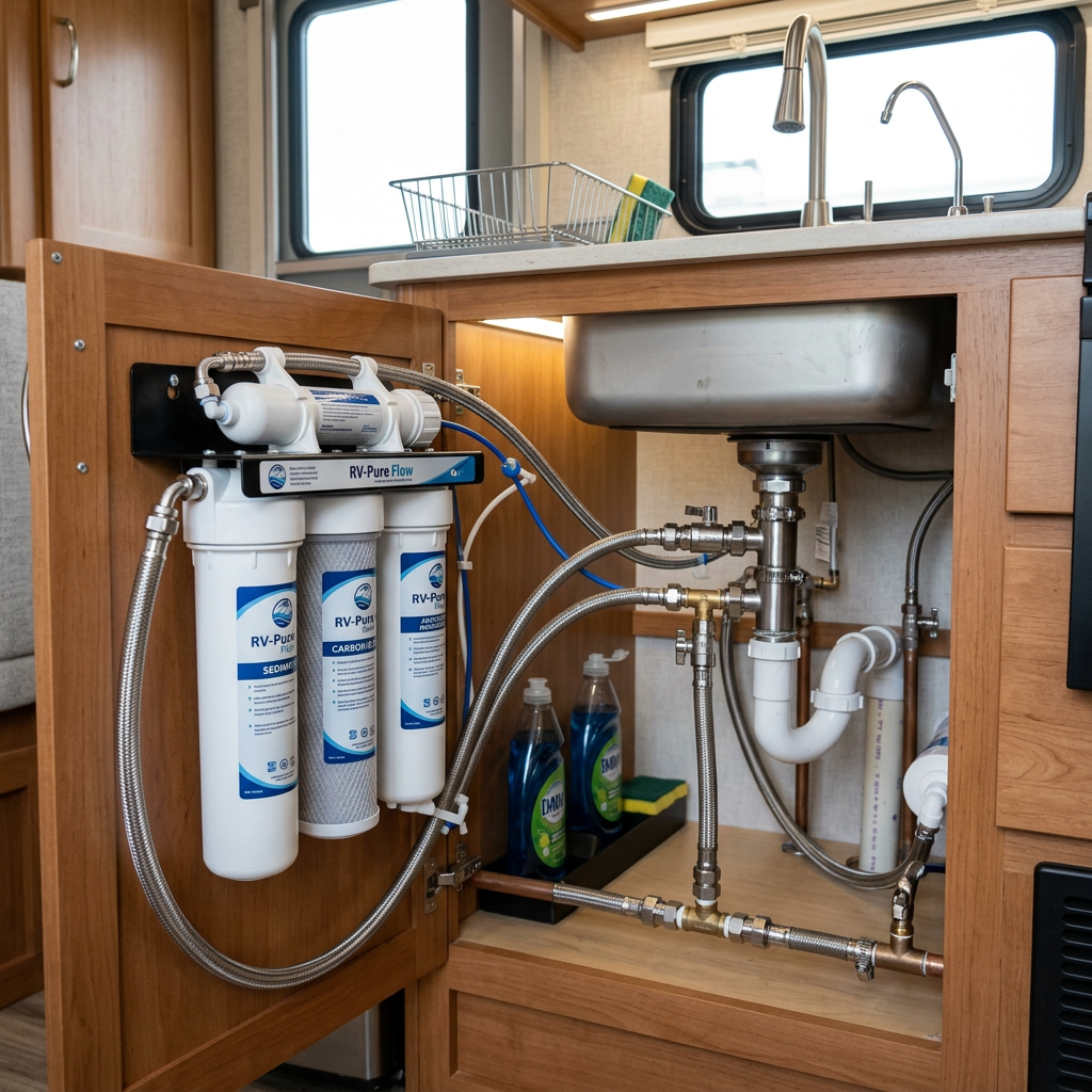 A sleek, modern under-sink water filtration system installed in a compact RV kitchen, showing the high-quality stainless steel connections.