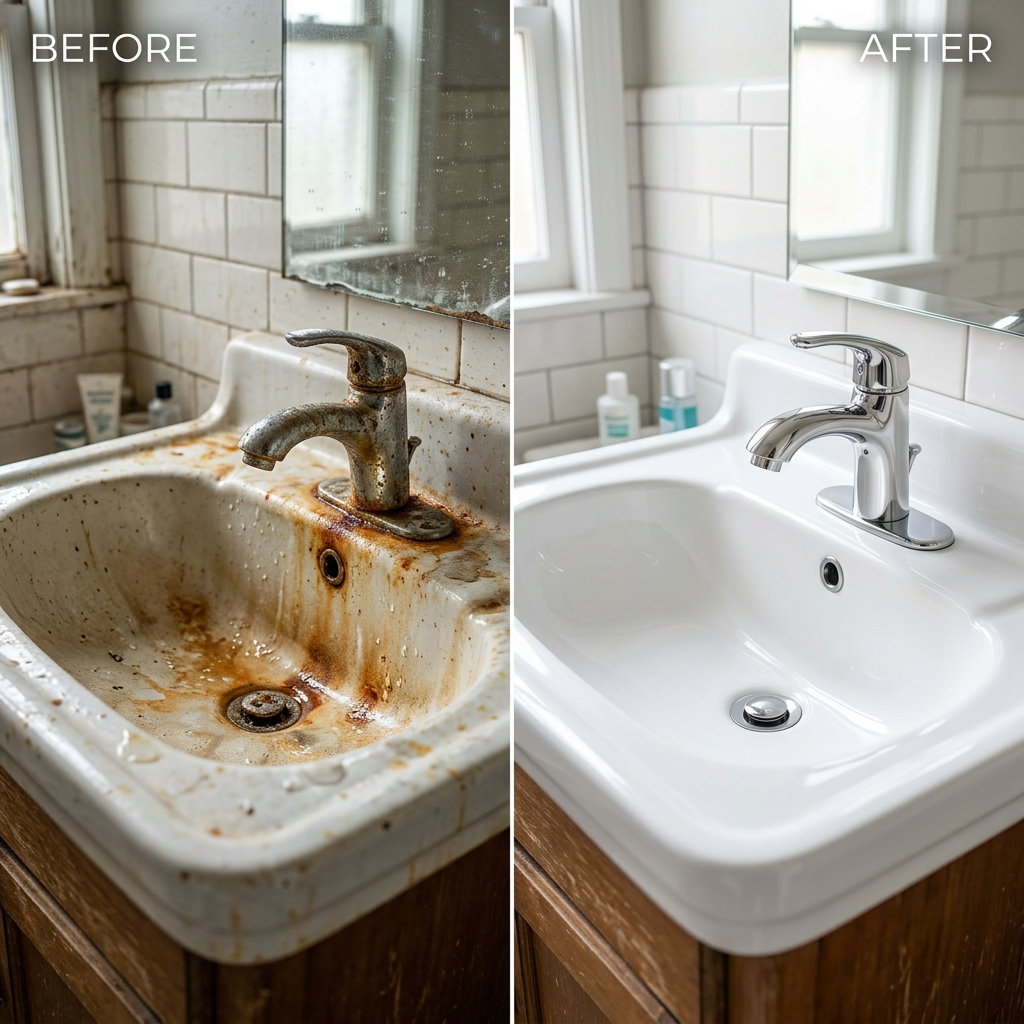 A split-screen comparison showing a rust-stained bathroom sink on the left and a sparkling clean, white porcelain sink on the right, high-quality professional photography