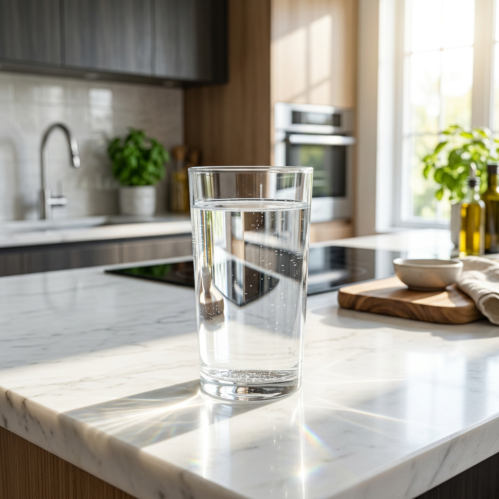 A crystal clear glass of water on a modern kitchen counter, sunlight reflecting through the water, emphasizing purity and cleanliness, high-end kitchen background.