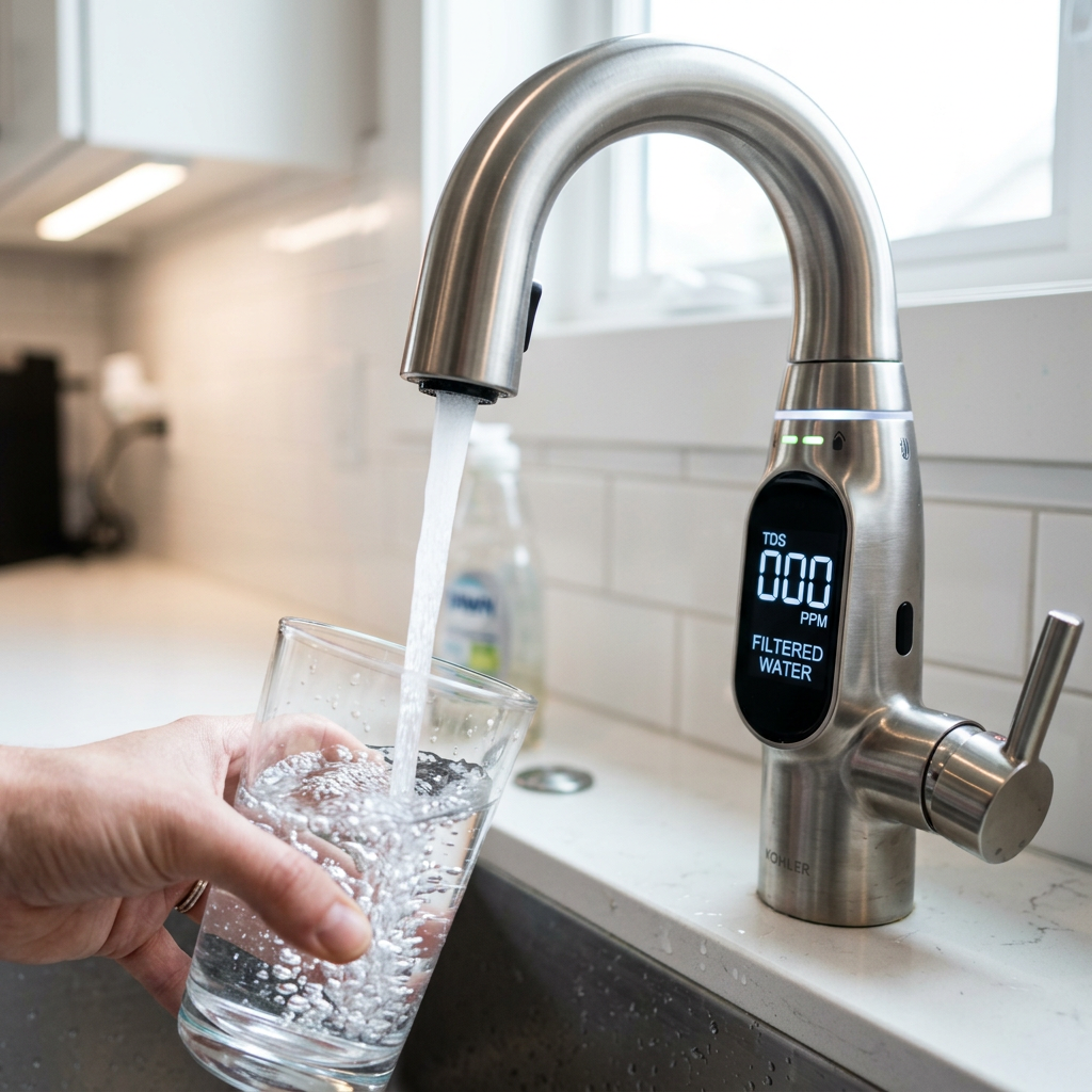 Close-up of a modern smart faucet showing a digital TDS reading of 000, water pouring into a glass, sleek and tech-focused.